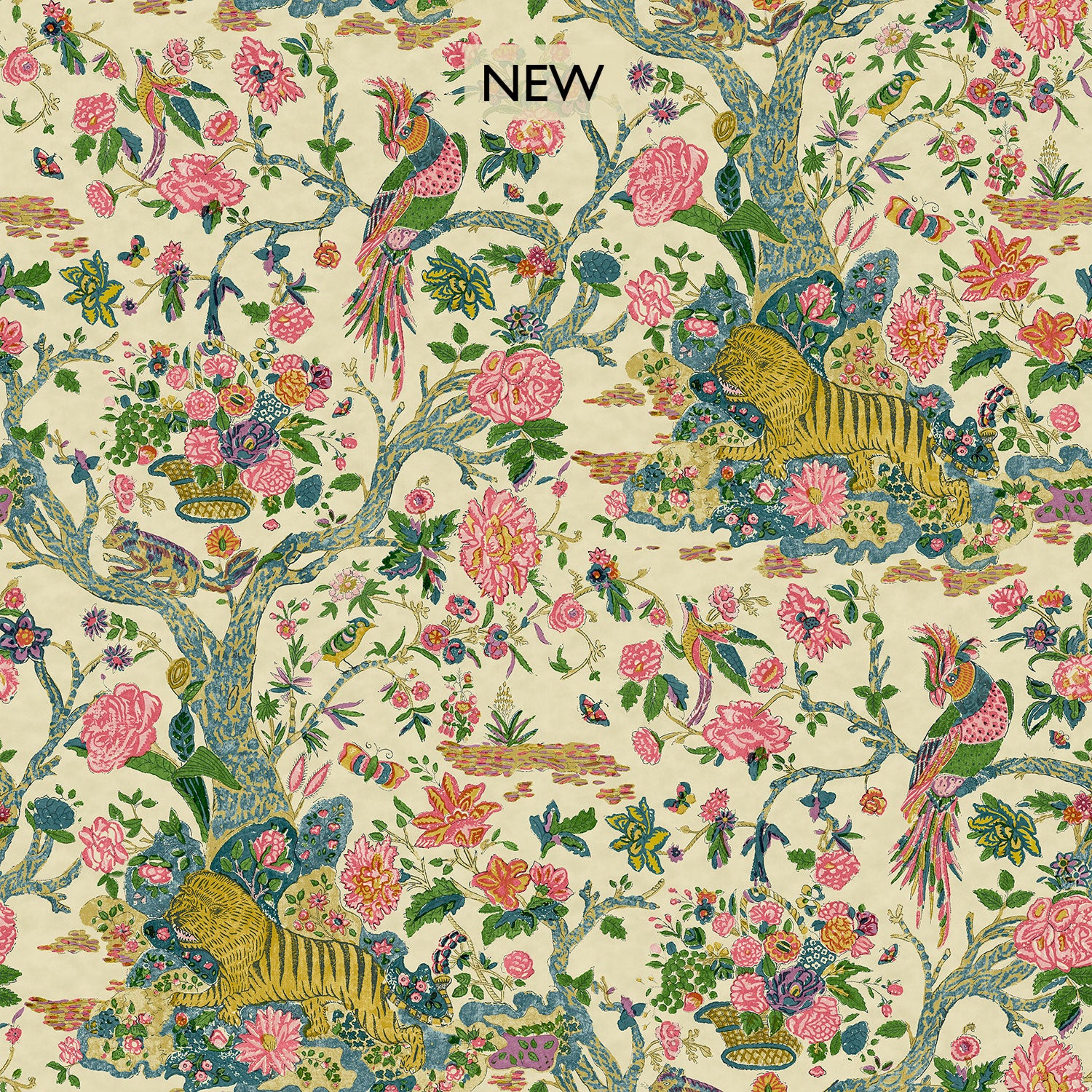 Presented in a fresh, inviting colour palette, this designer wallpaper features parrots, lions and exotic flowers.