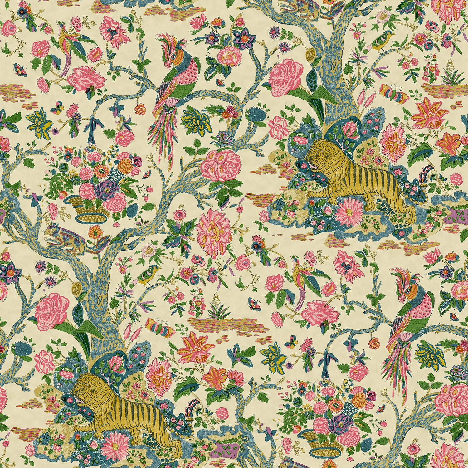 Presented in a fresh, inviting colour palette, this designer wallpaper features parrots, lions and exotic flowers.