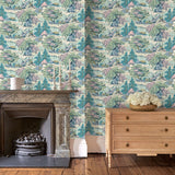 Sitting room showcasing a pastel wallpaper featuring a landscape of mountains, willows and Oriental-style buildings.