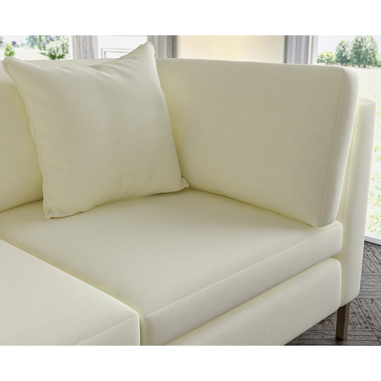 Sofa covered in plain fabric, colour Eggshell.