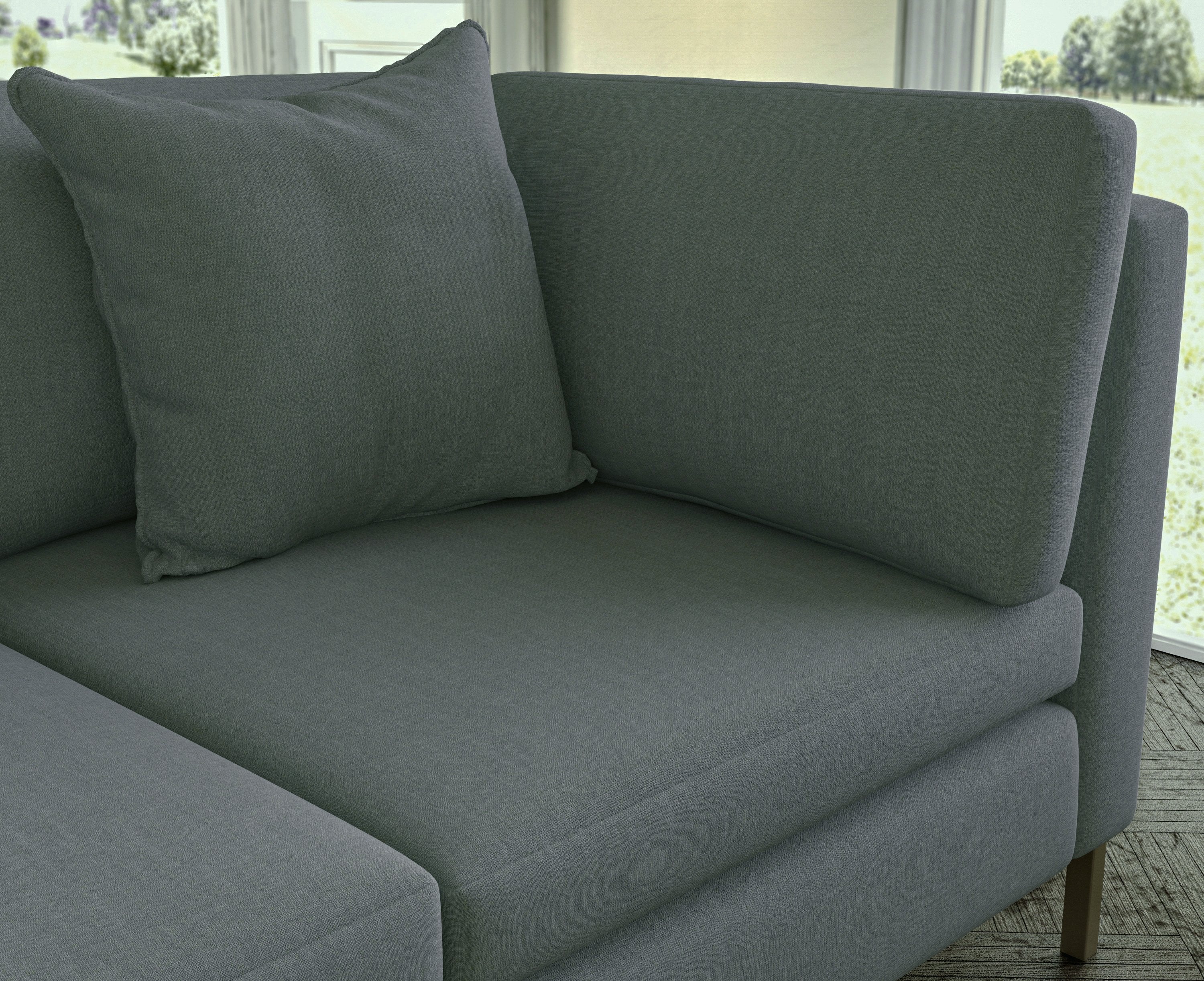 Sofa covered in plain fabric, colour Dune.