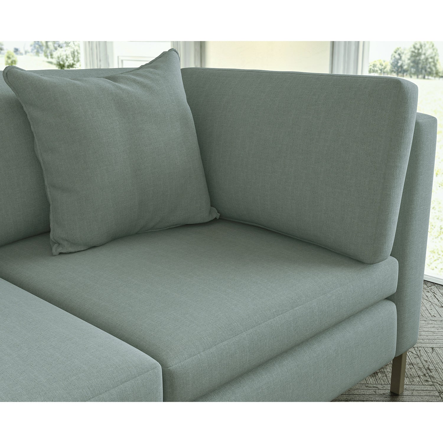 Sofa covered in plain fabric, colour Pigeon.
