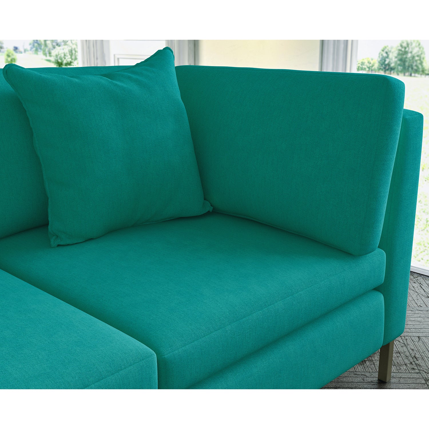 Sofa covered in plain fabric, colour Peacock.