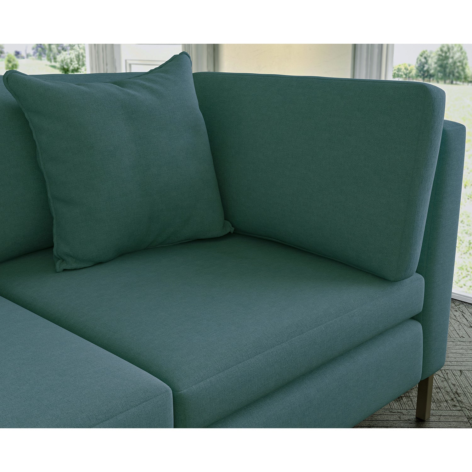 Sofa covered in plain fabric, colour Storm Blue.