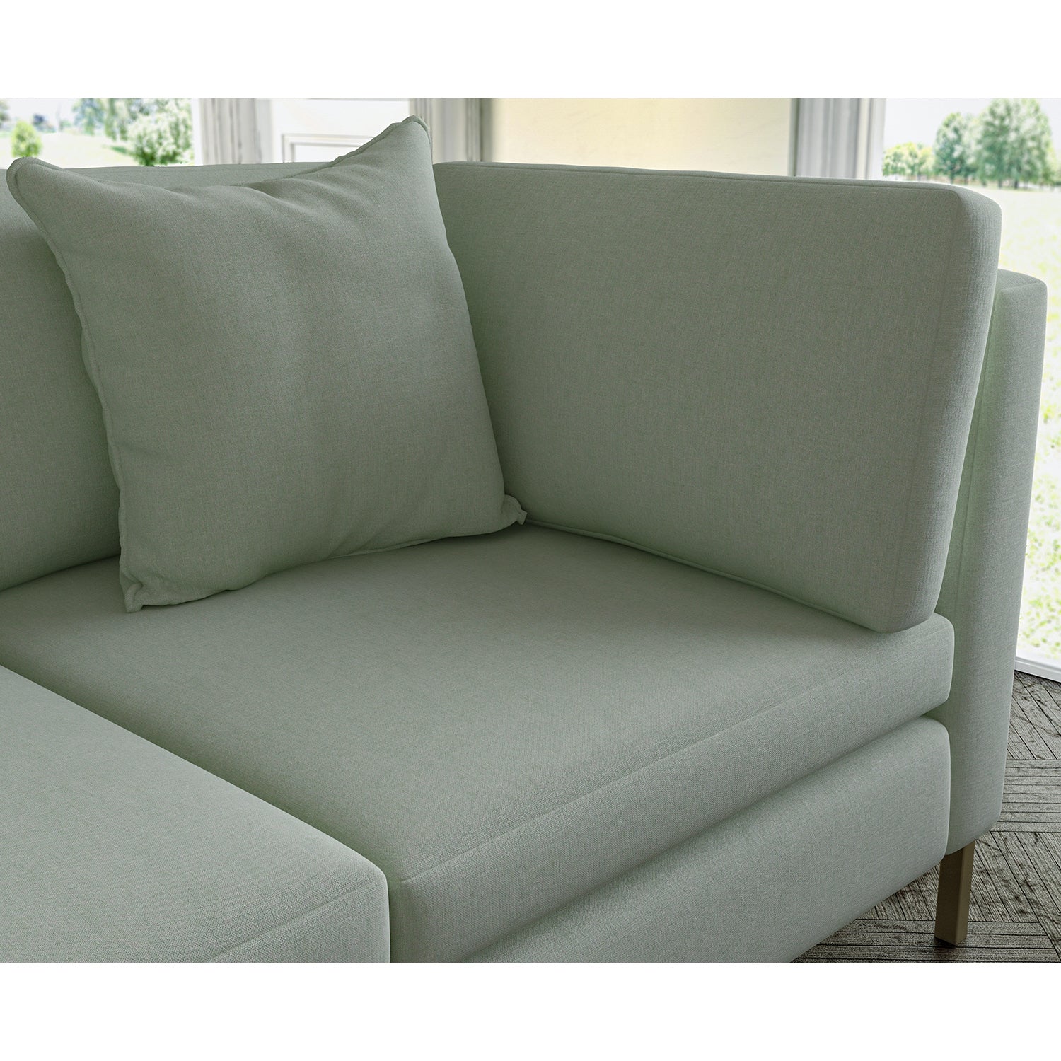 Sofa covered in plain fabric, colour Sea Salt.