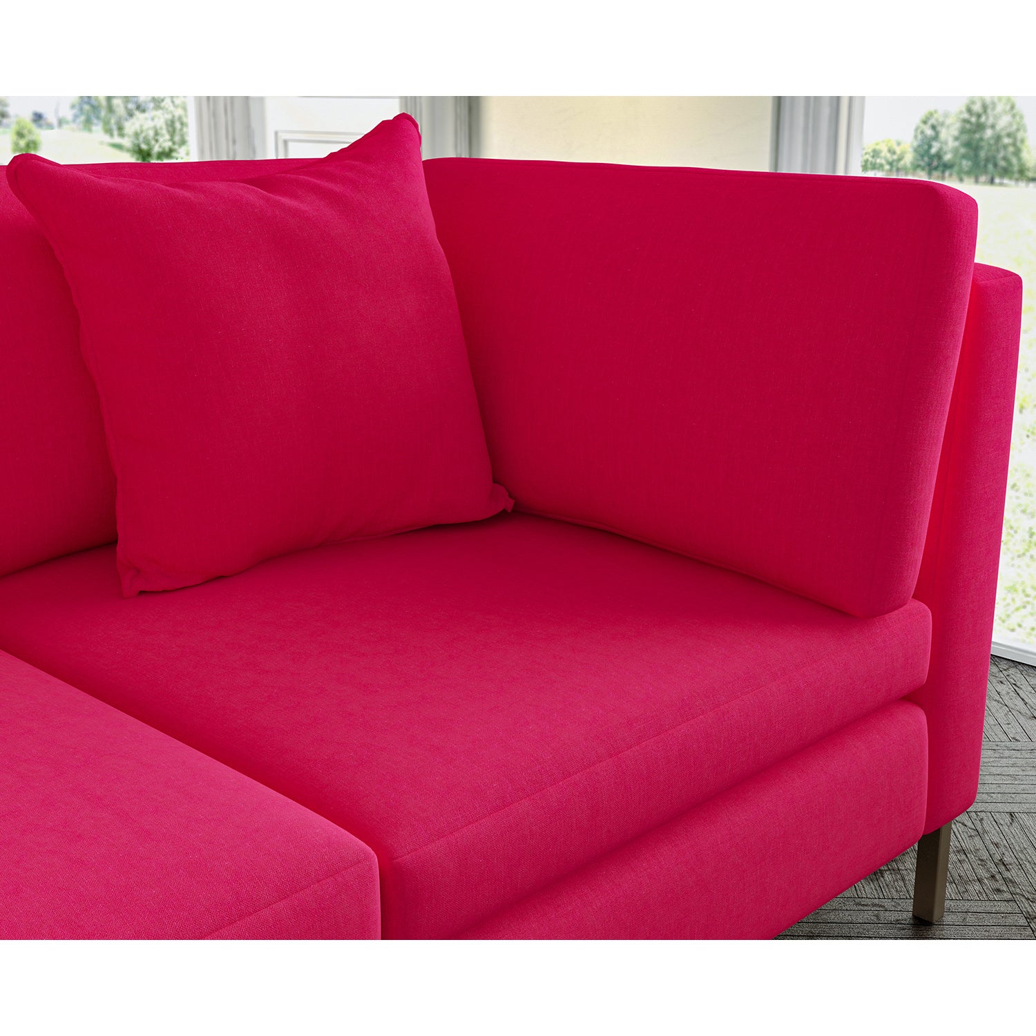 Sofa covered in plain fabric, colour Fuscia.