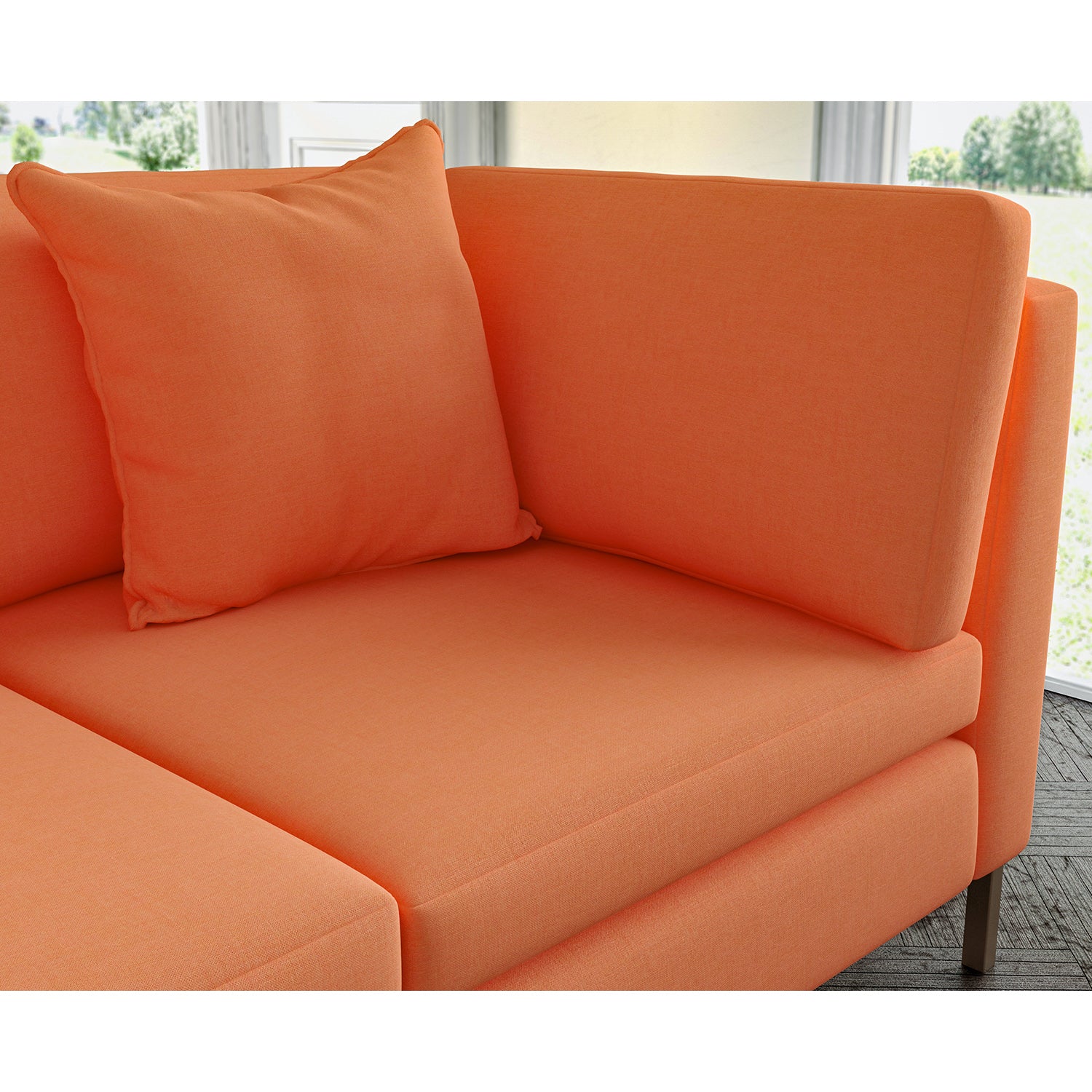 Sofa covered in plain fabric, colour Tangerine.
