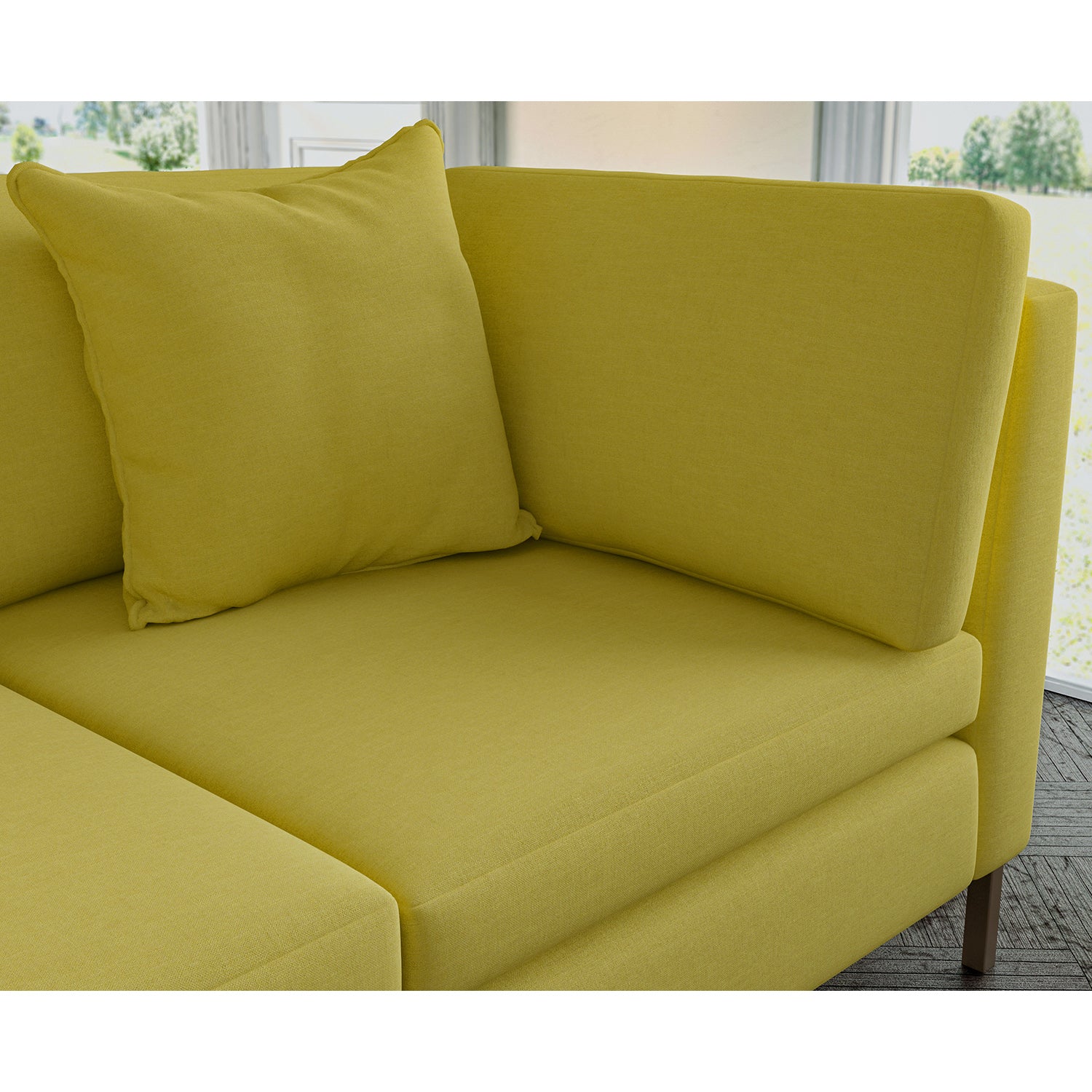 Sofa covered in plain fabric, colour Citrus.