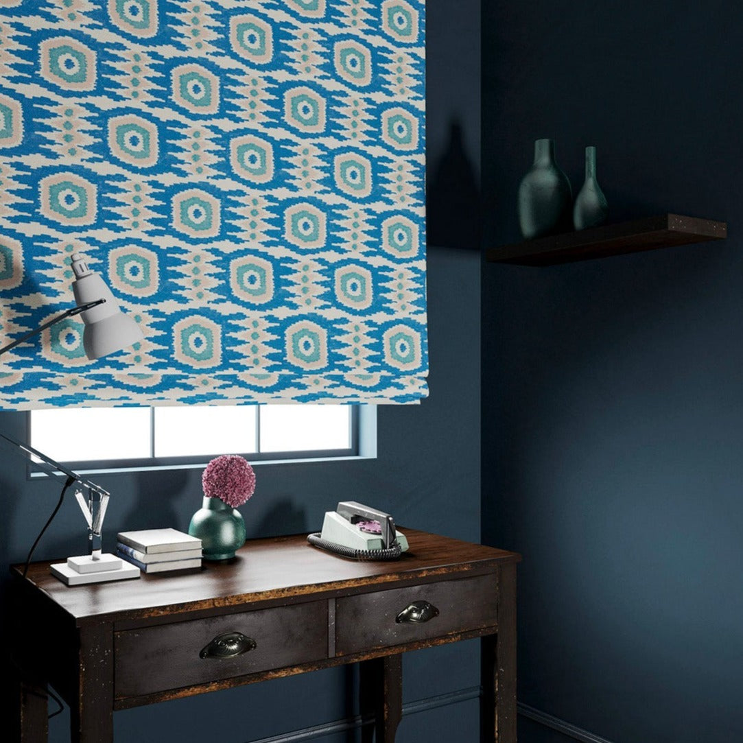 Velvet blinds featuring a fun, jazzy pattern in blue, green and pink.