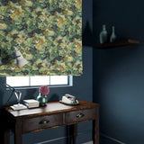 Blind made from a printed velvet fabric featuring a classic oak leaf design in green.