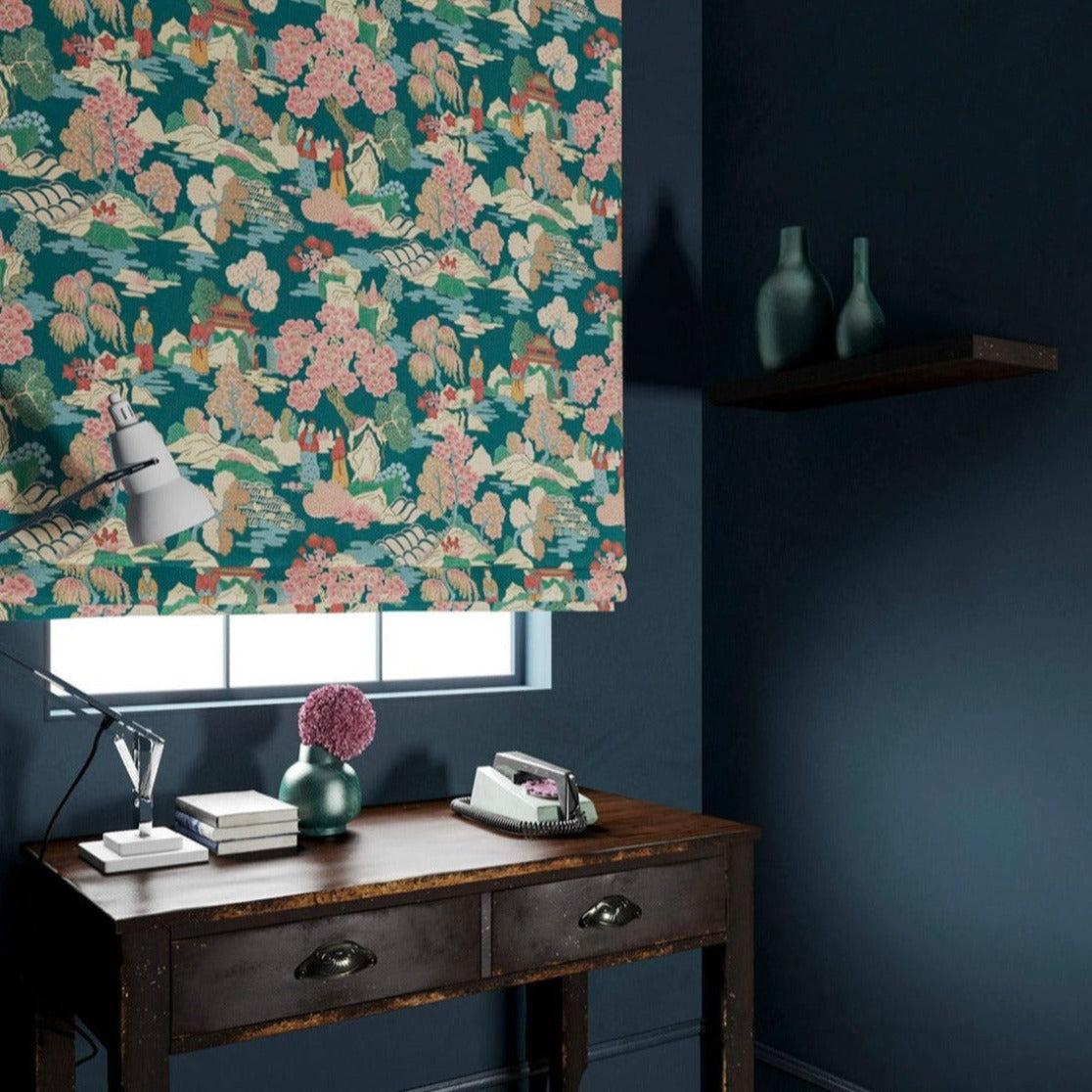 Blind in a Japanese-style toile printed velvet fabric in blossom pink.