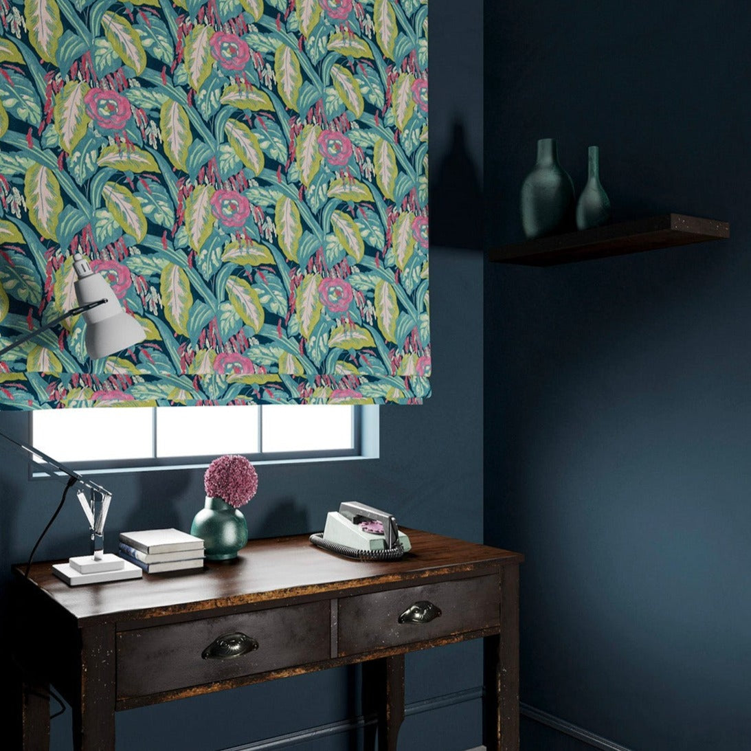 Blind in a floral-style printed velvet fabric in pink, green and blue.
