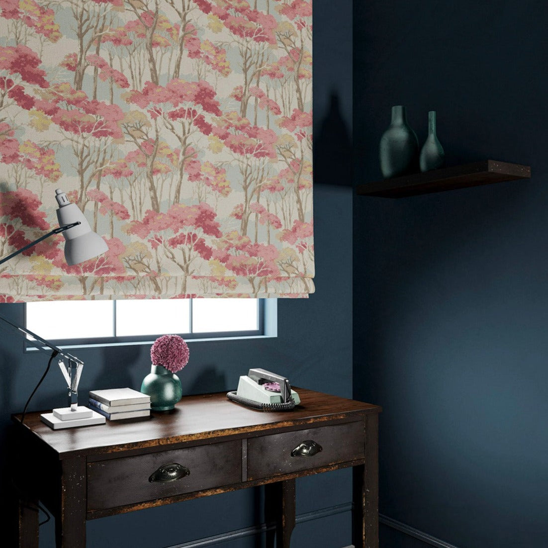 Printed velvet blind showcasing a pink Japanese tree design.