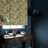 Blind in a dark blue velvet fabric with ochre leaves and pretty flowers.