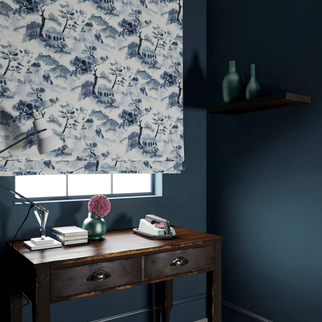 Velvet blind in a sophisticated Oriental-style design.