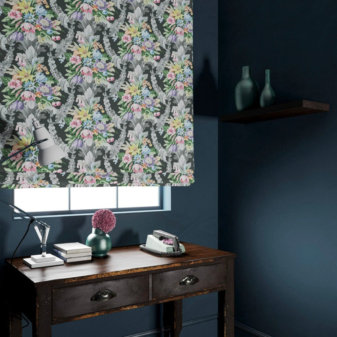 Blind in a velvet fabric with vibrant floral bouquet and stain resistant finish