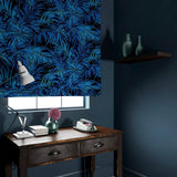 Velvet blind in a electric blue coloured velvet fabric with stain resistant finish and palm tree leaf design.