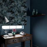 Velvet blind in a smokey blue coloured velvet fabric with stain resistant finish and palm tree leaf design.