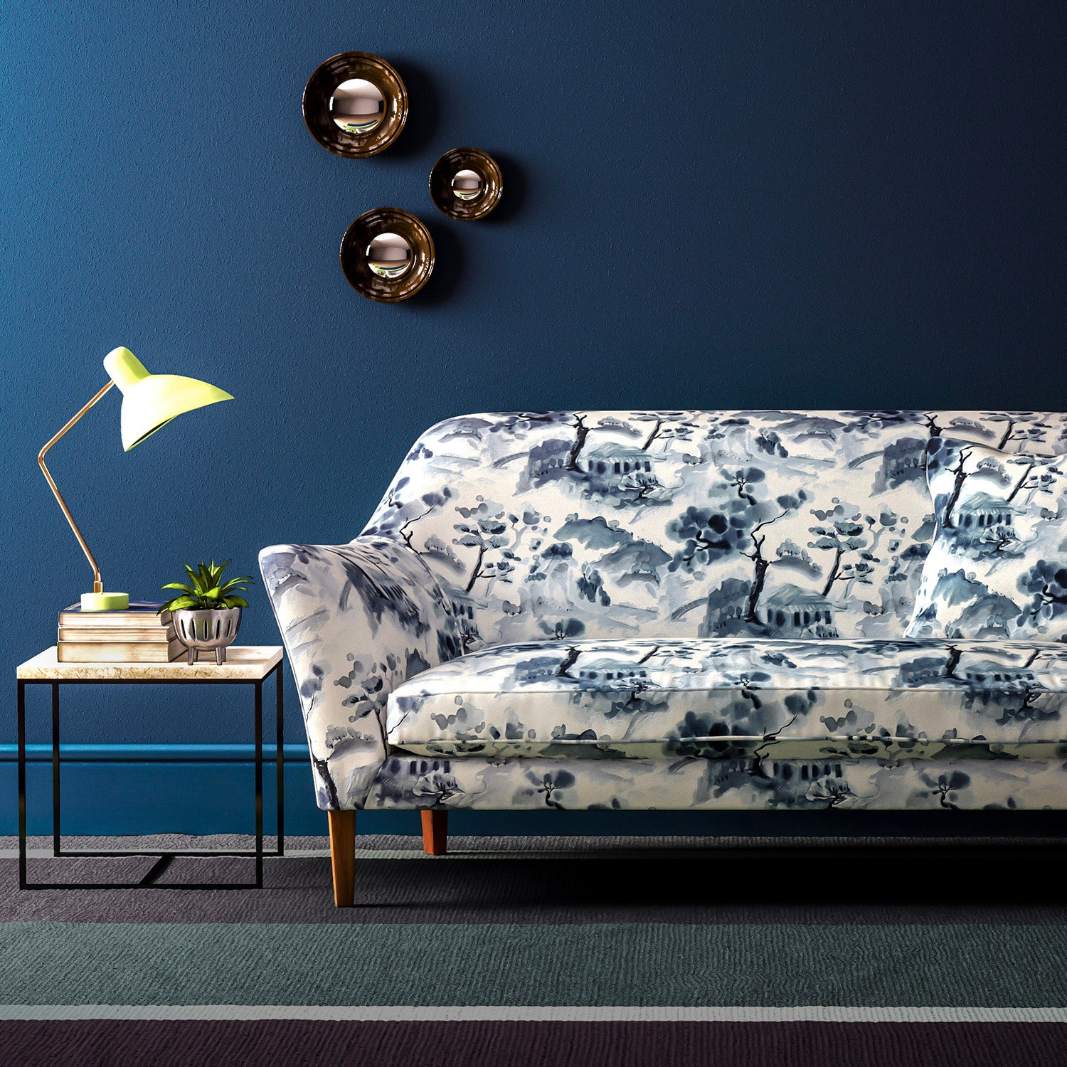 Sofa covered in a velvet upholstery fabric with a sophisticated Oriental feel.