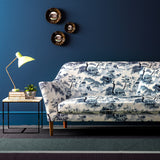Sofa covered in a velvet upholstery fabric with a sophisticated Oriental feel.
