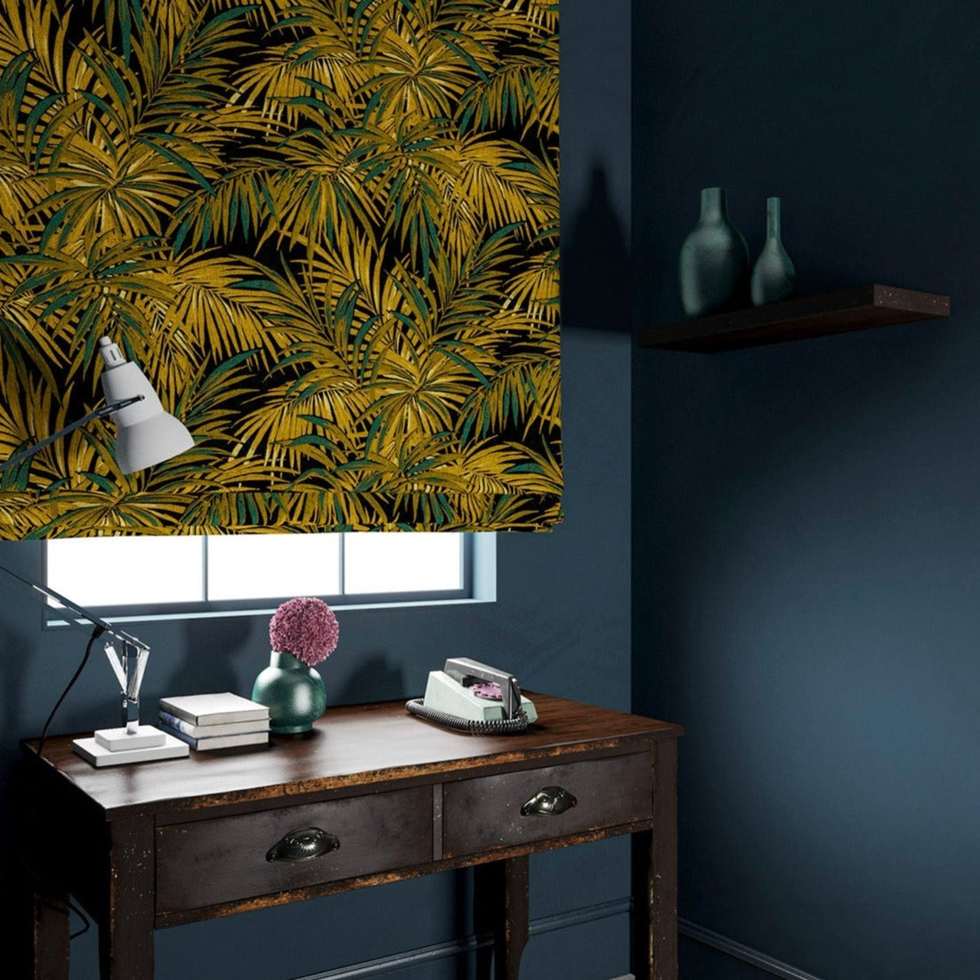 Patterned velvet blind in gold and green featuring a palm tree leaf design.