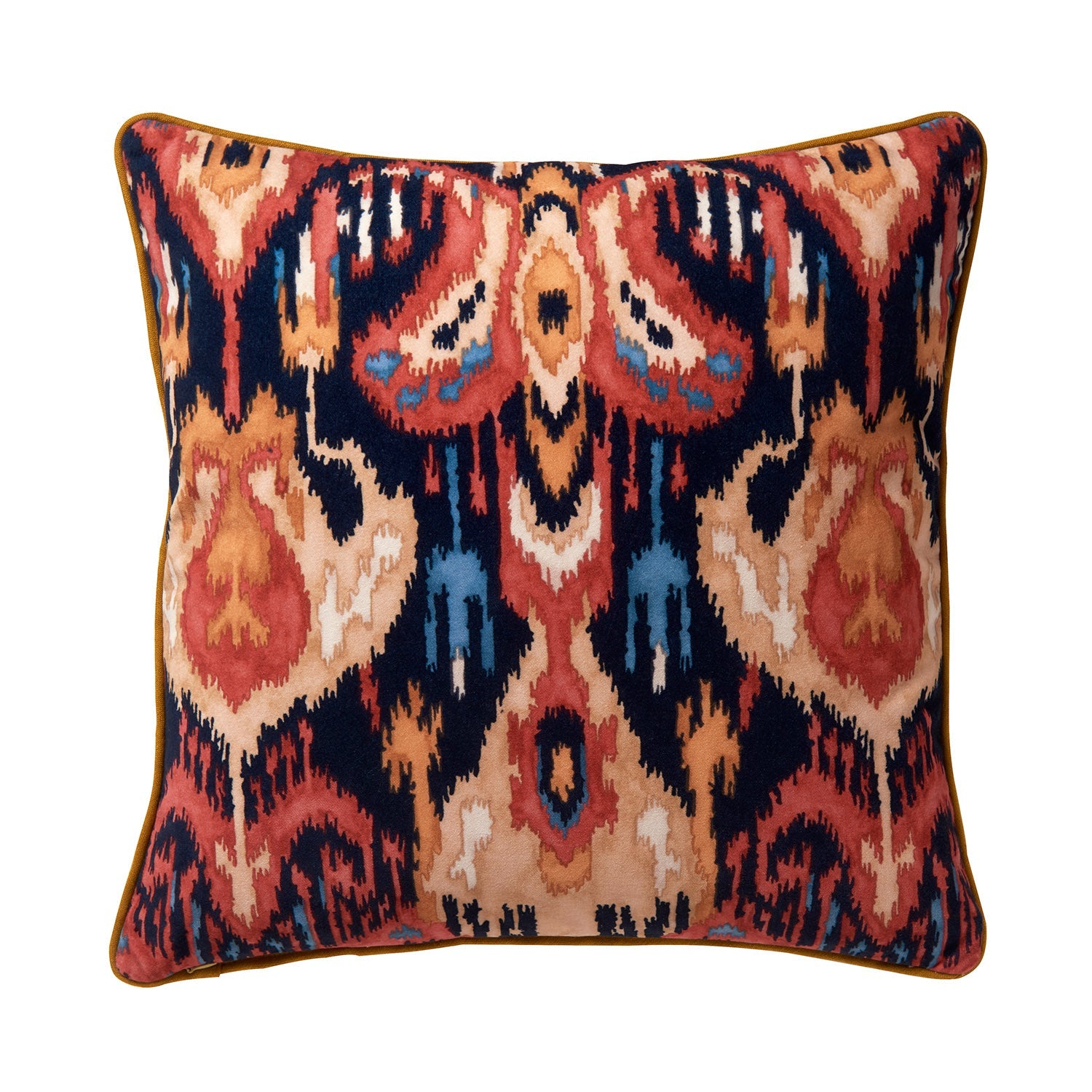 Velvet scatter cushion in a red and navy painterly-style pattern