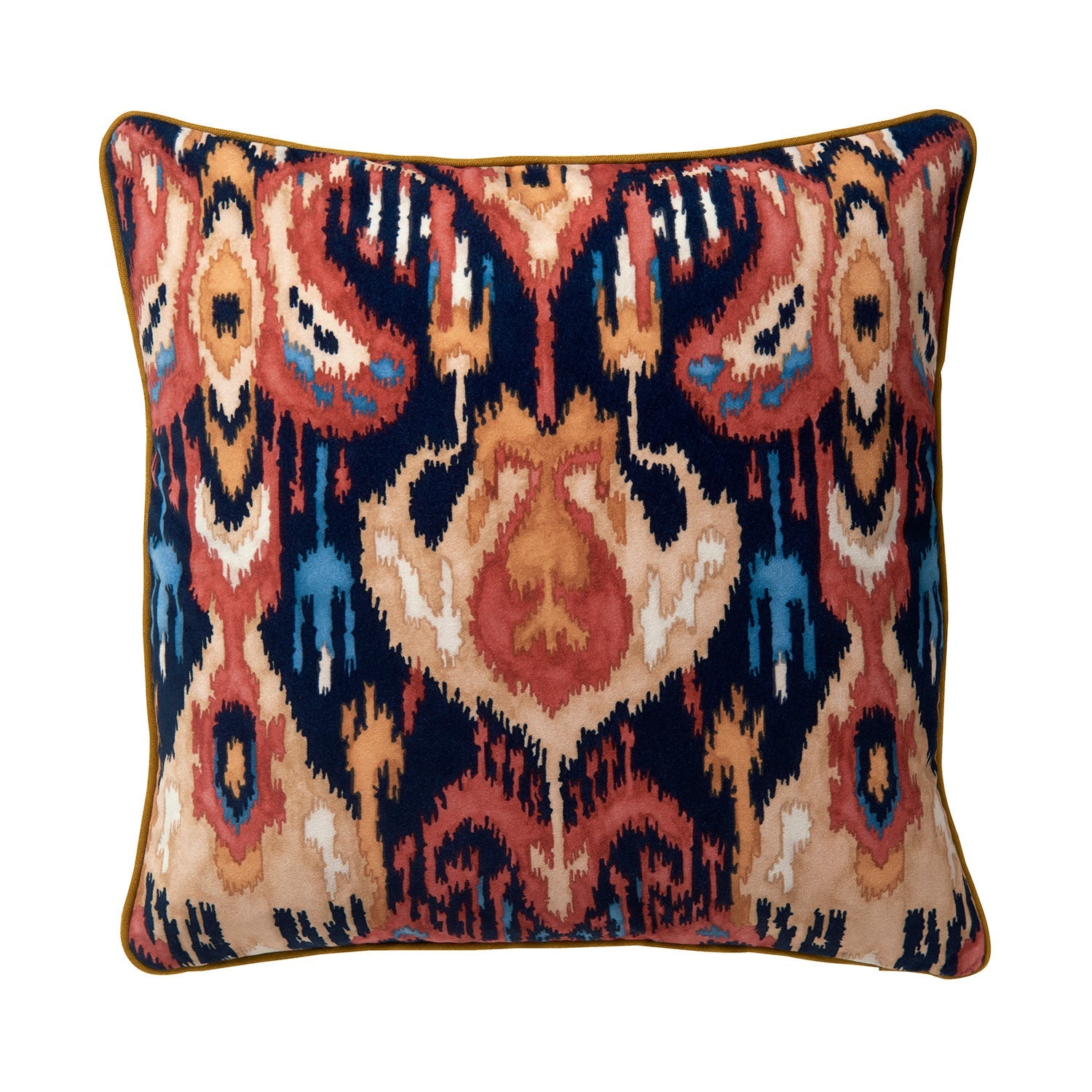 Velvet scatter cushion in a red and navy painterly-style pattern