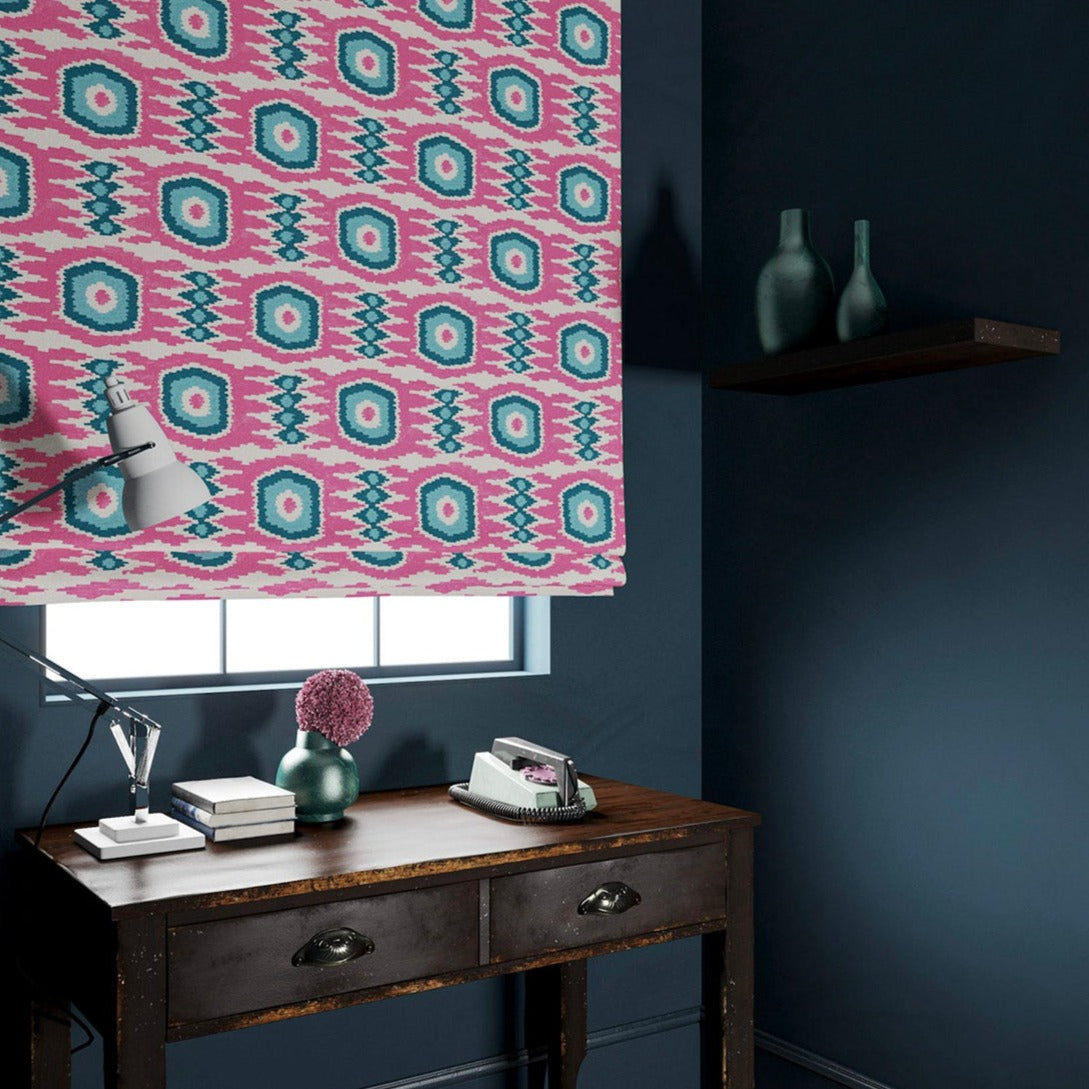 Velvet blinds featuring a fun, jazzy pattern in Candy Pink.