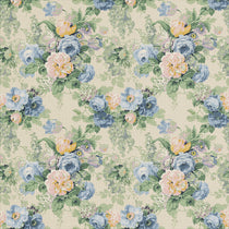 Printed linen fabric with bouquets of roses in a blue and green colourway. 