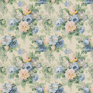 Printed linen fabric with bouquets of roses in a blue and green colourway. 