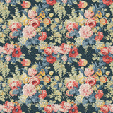 Printed linen fabric with bouquets of roses in multicolours.