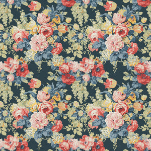 Printed linen fabric with bouquets of roses in multicolours.