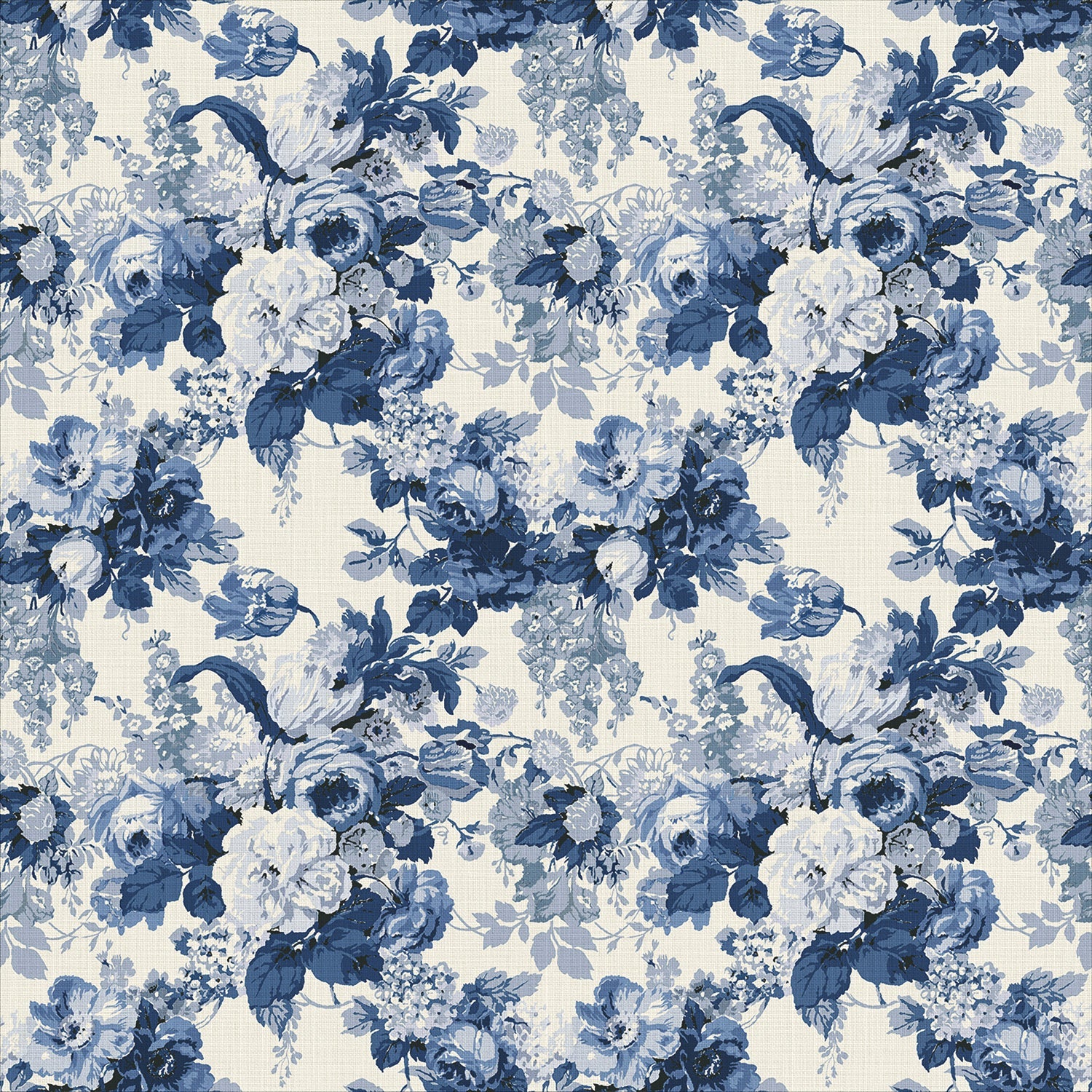 Printed linen fabric with bouquets of blue and white roses. 