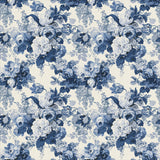 Printed linen fabric with bouquets of blue and white roses. 