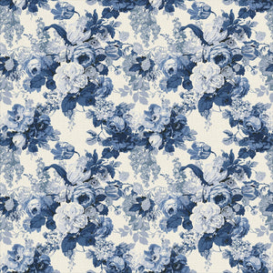 Printed linen fabric with bouquets of blue and white roses. 