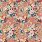 Printed linen fabric with bouquets of roses on an orange backdrop.