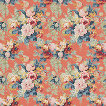 Printed linen fabric with bouquets of roses on an orange backdrop.