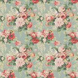Printed linen fabric with bouquets of pink and red roses.