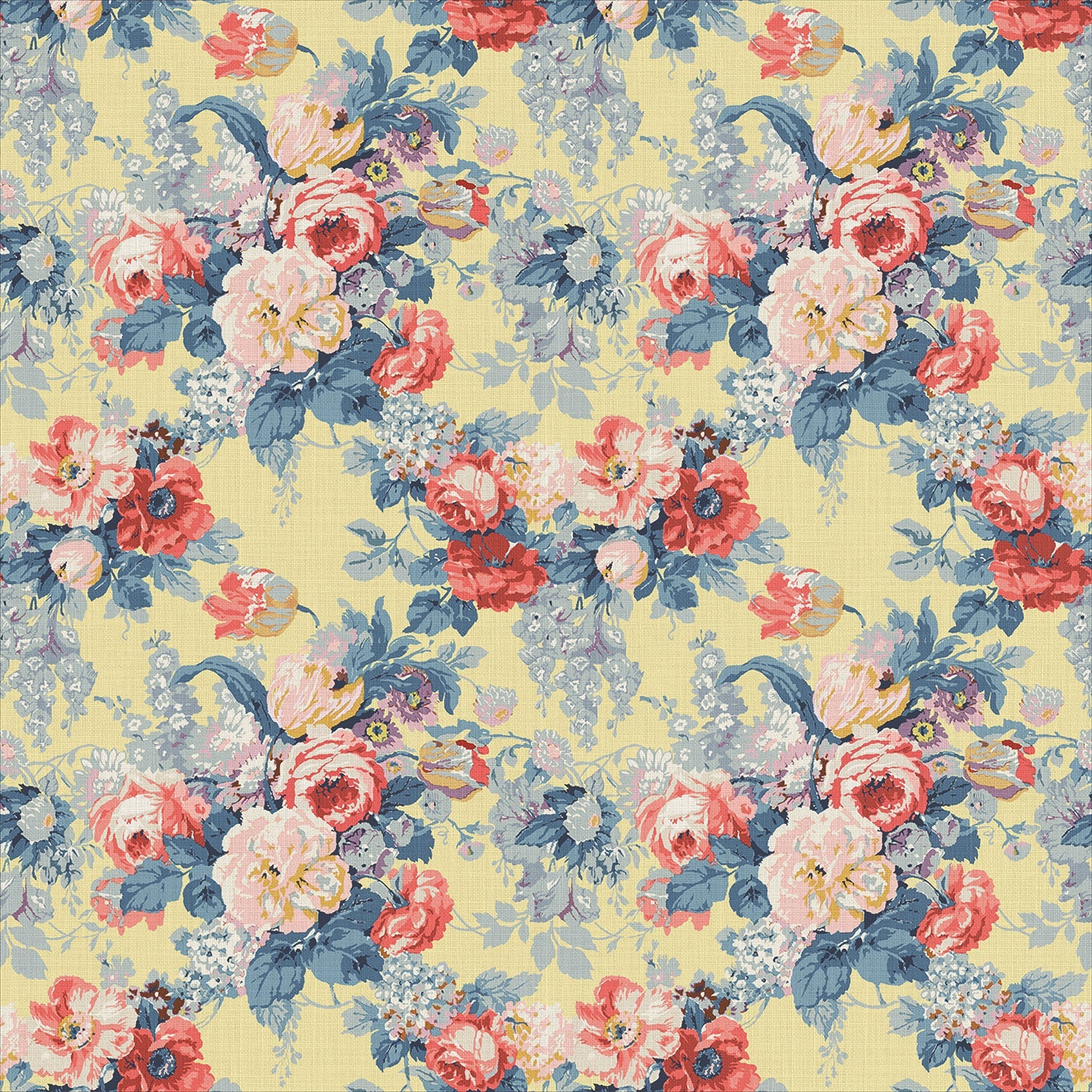 Printed linen fabric with bouquets of roses on a yellow background.