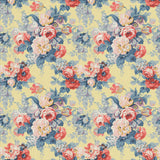 Printed linen fabric with bouquets of roses on a yellow background.
