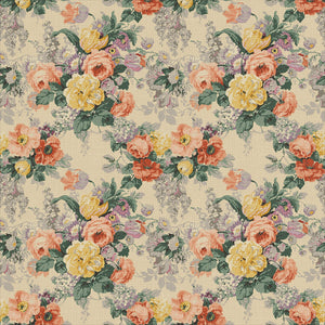 Printed linen fabric with bouquets of roses on a tea-stained background.