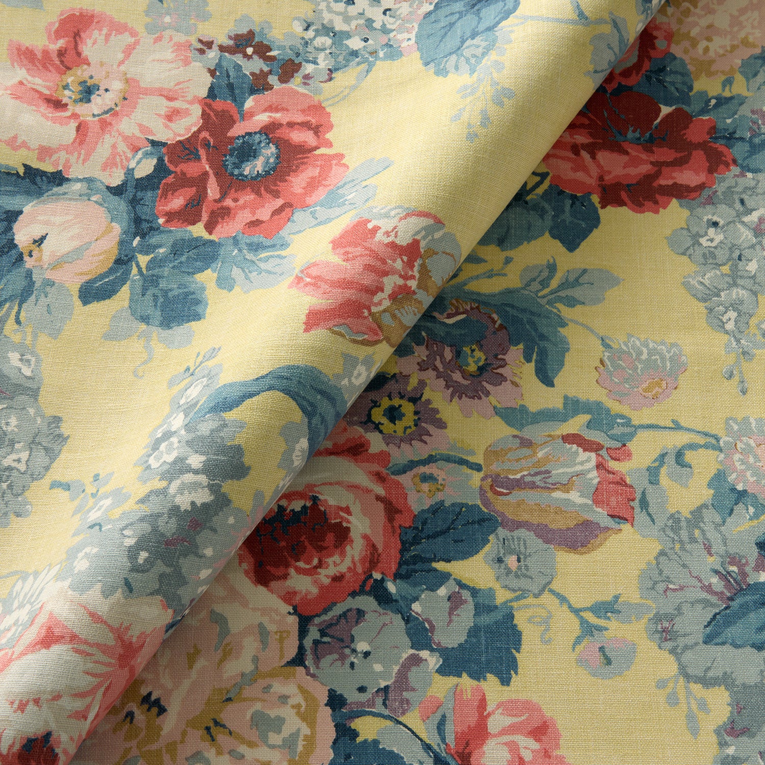 Printed linen fabric with bouquets of roses on a yellow background.