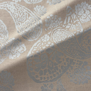 Fabric swatch of a silk and linen paisley design fabric in dark neutral colours, suitable for curtains 