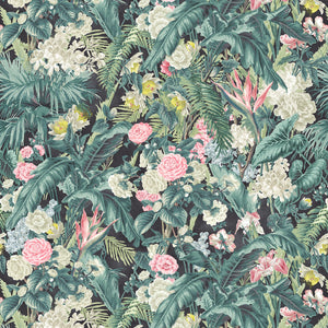 Fabric swatch of a dark tropical floral linen fabric for curtains and upholstery