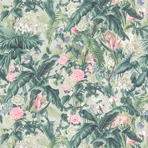 Fabric swatch of a light coloured tropical floral linen fabric for curtains and upholstery