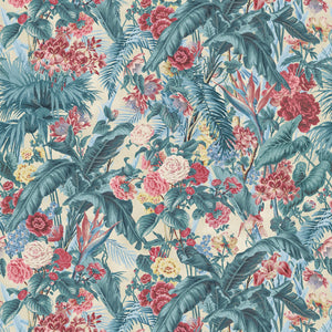 Fabric swatch of a vibrant tropical floral linen fabric for curtains and upholstery