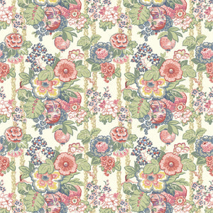 Fabric swatch of a lively, large scale floral fabric for curtains and upholstery