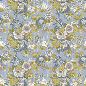 Fabric swatch of a lively, large scale floral fabric with lilac tones for curtains and upholstery