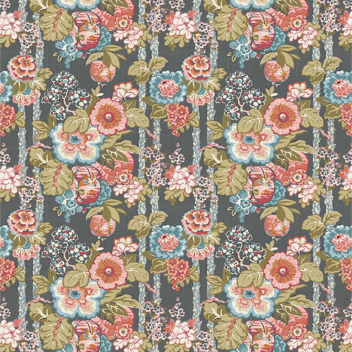 Fabric swatch of a lively, large scale floral fabric for curtains and upholstery