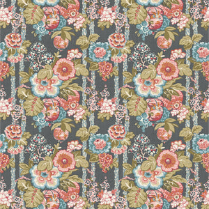 Fabric swatch of a lively, large scale floral fabric for curtains and upholstery